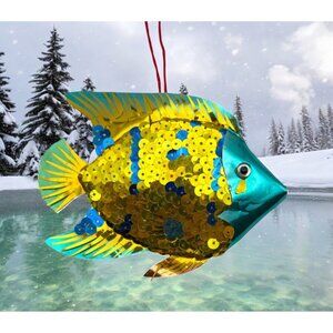 Vintage Tropical Fish Christmas Tree Ornament Gold Sequins Angelfish Nautical